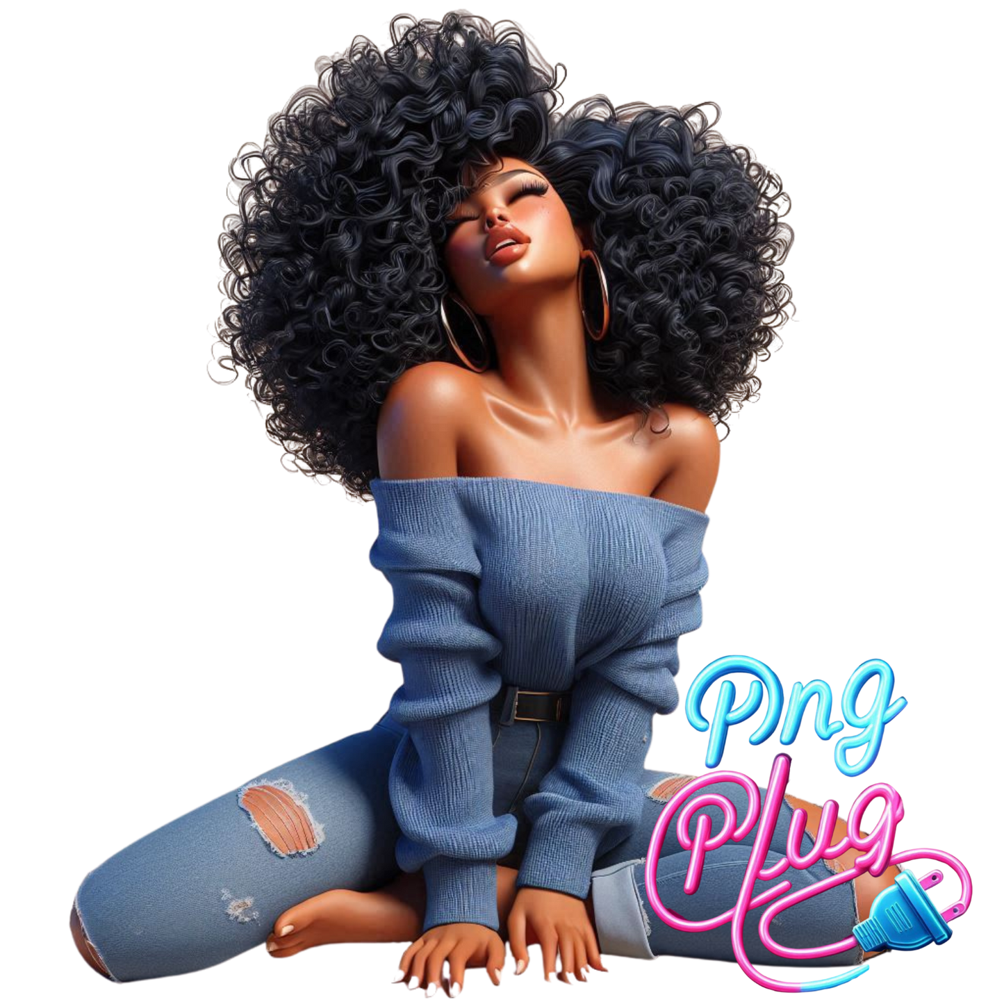 Serene Beauty African-American PNG | Relaxed Woman in Ripped Jeans & Blue Sweater | Digital Art for DIY Crafts - Instant Digital Download
