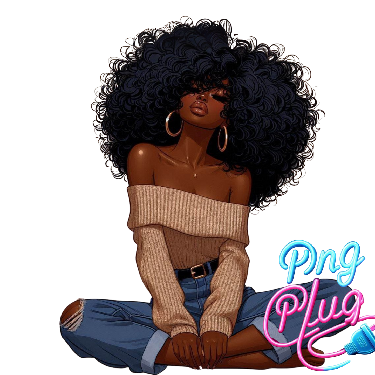 Curly Hair Relaxed Woman PNG | African-American Clipart | Off-Shoulder Sweater Sitting Pose - Instant Digital Download