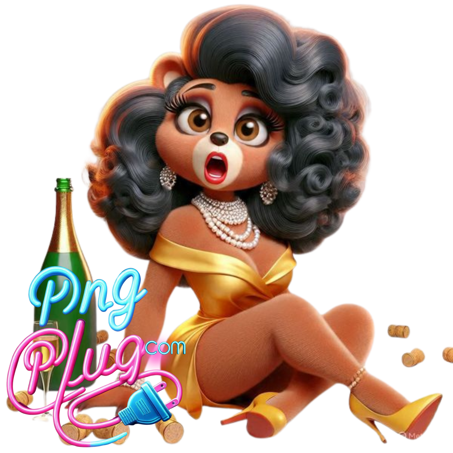 Glam Bear PNG Clipart Bundle – Champagne Celebration, Curly Hair, Pearl Jewelry - Instant Digital Download