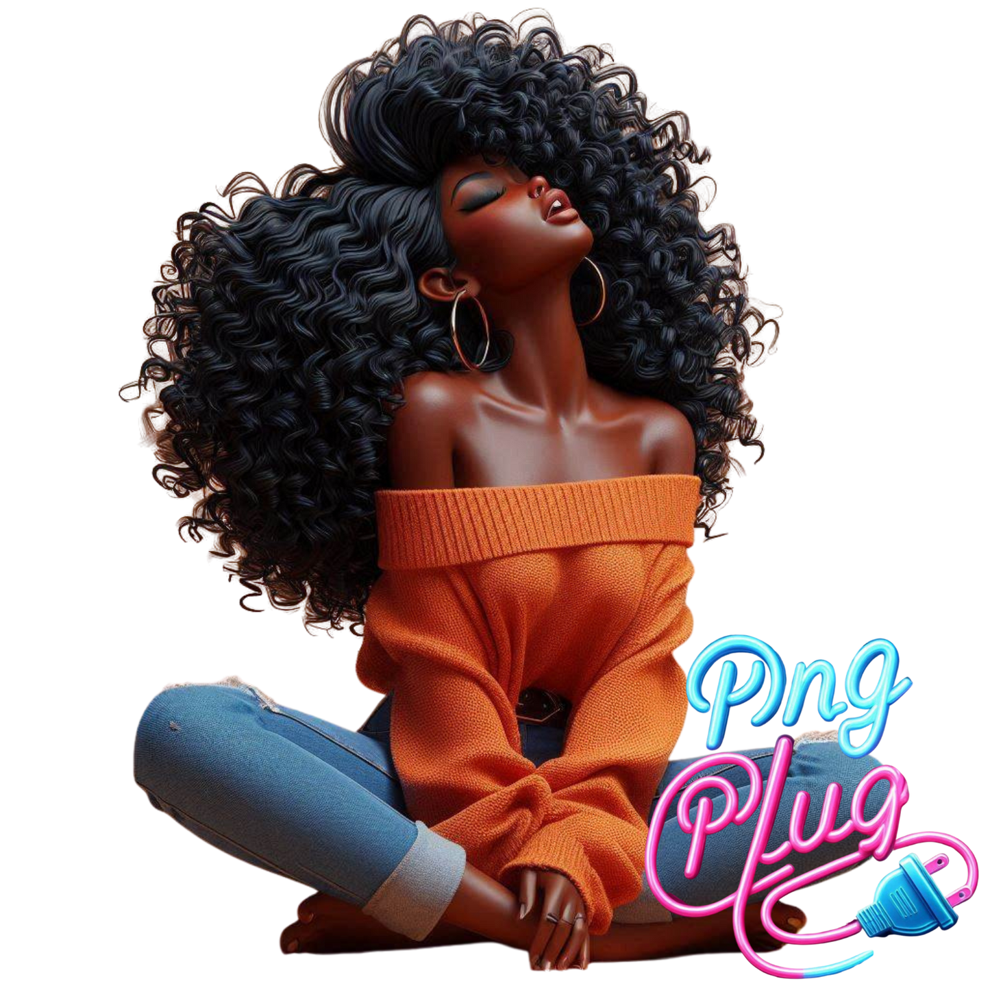 Relaxed Black Woman Sitting Cross-Legged PNG | Calm Vibes, Curly Hair, Cozy Sweater | Peaceful Digital Art for Sublimation- Instant Digital Download
