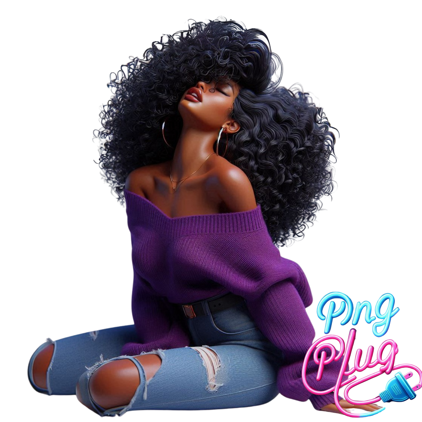 Curly Hair Black Girl PNG – Purple Off-Shoulder Sweater, Ripped Jeans, Relaxed Vibe - Instant Digital Download