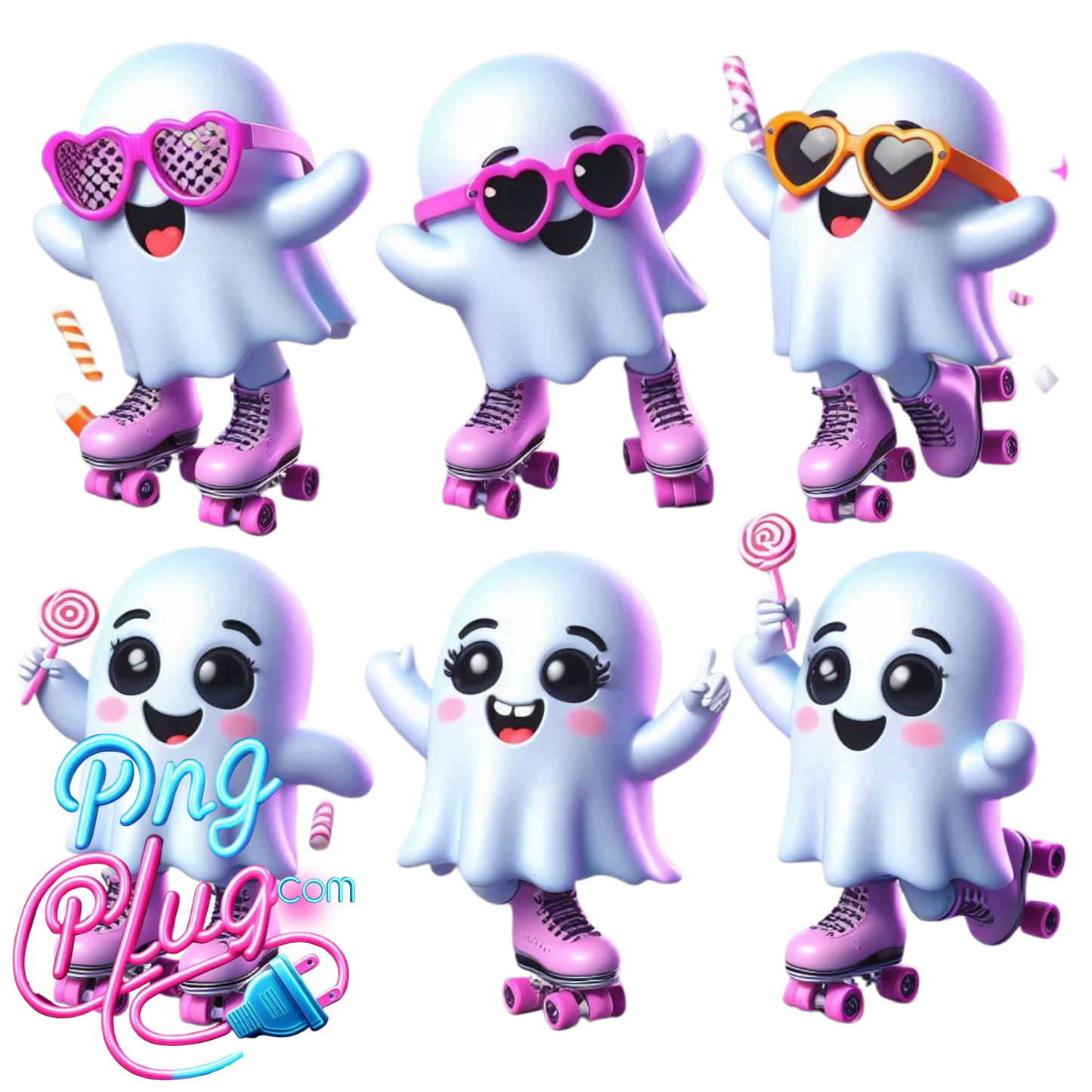 Cute Roller Skating Cartoon Ghosts PNG – Colorful, Fun, Kawaii Digital Art for Stickers, Crafts- Instant Digital Download