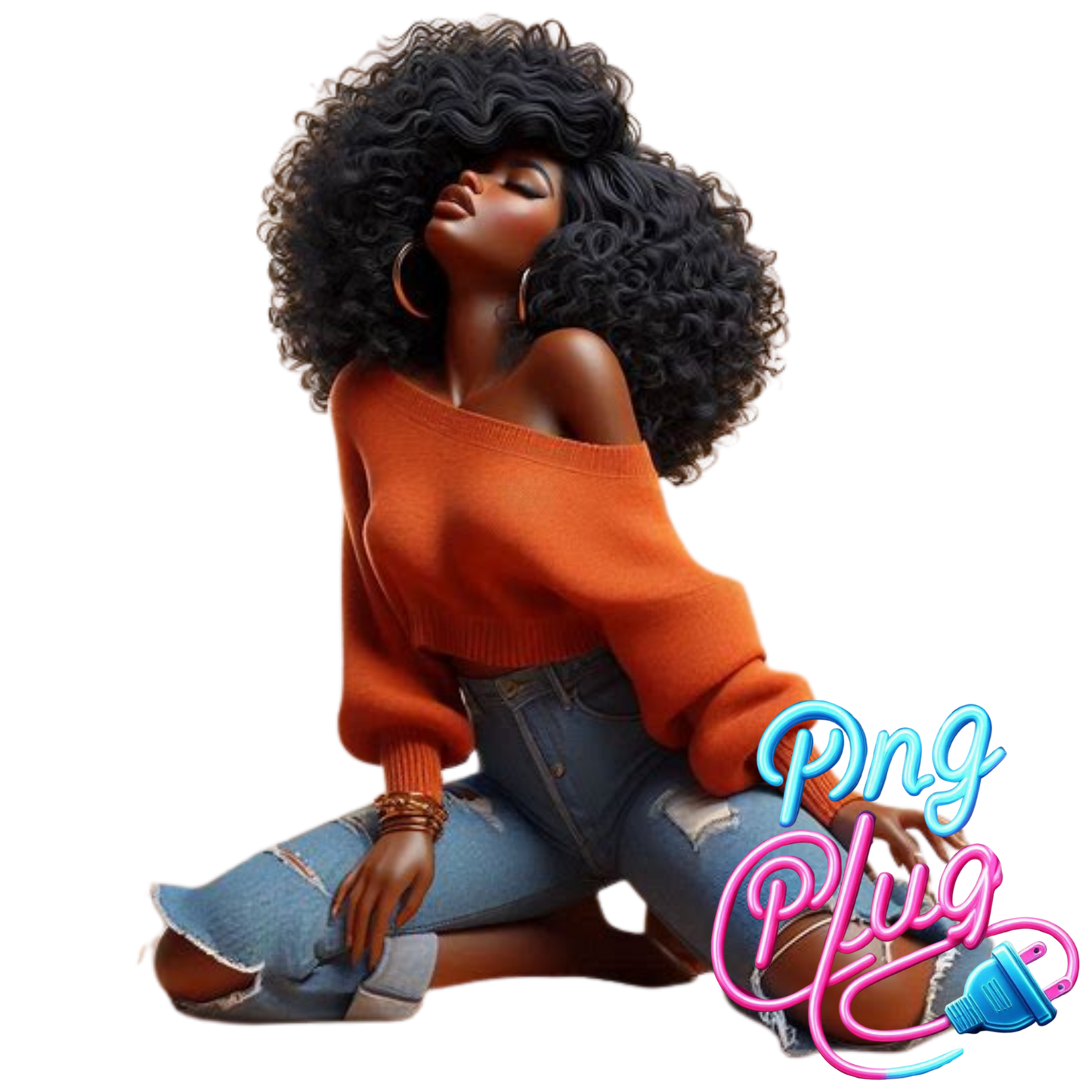 Relaxed Black Woman Sitting Cross-Legged PNG | Calm Vibes, Curly Hair, Cozy Sweater | Peaceful Digital Art for Sublimation- Instant Digital Download