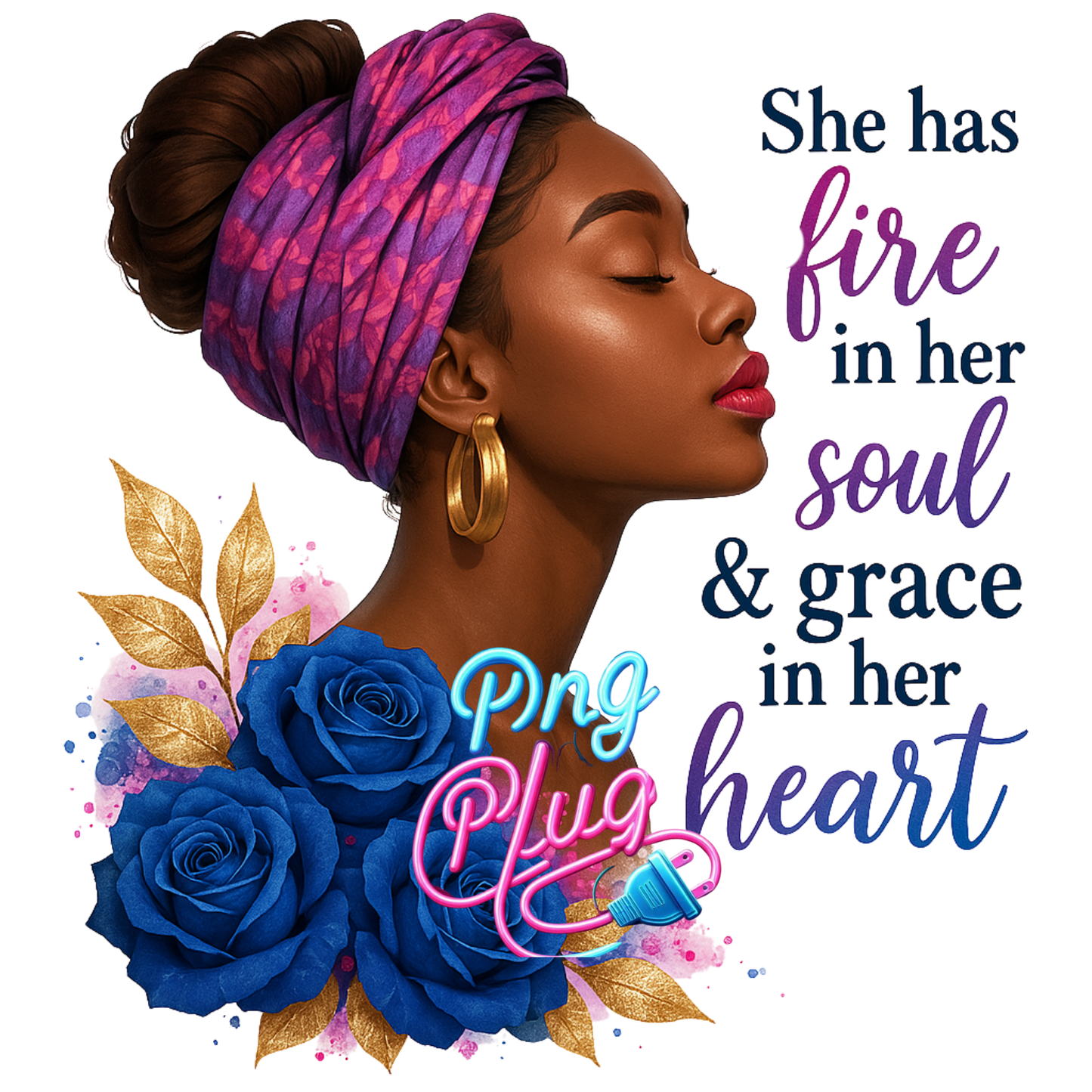 Elegant Black Woman PNG – Fire in Her Soul Quote, Afrocentric Art, Headwrap Clipart, Melanin Beauty for Sublimation & Crafts - Instant Digital Download