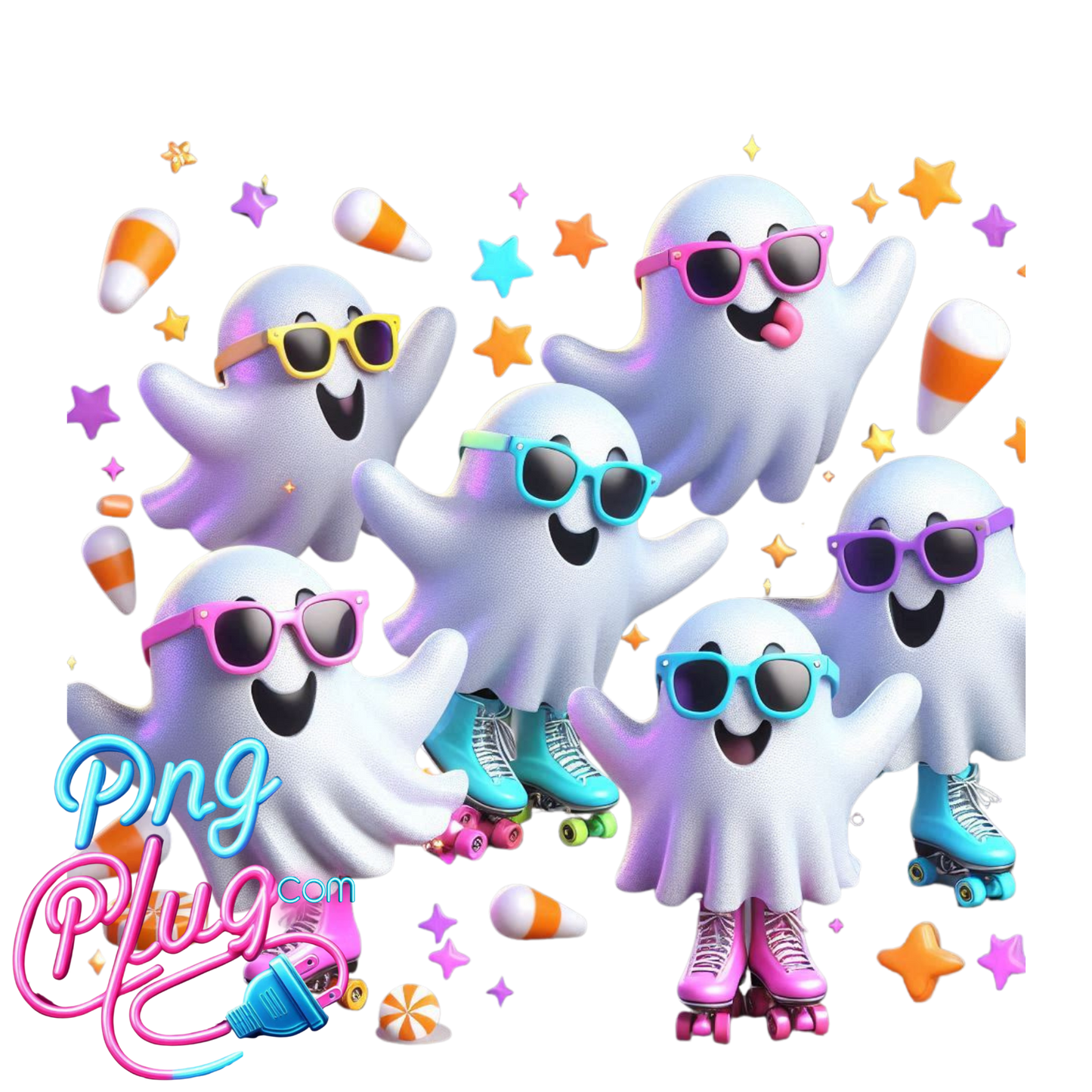 Cute Roller Skating Cartoon Ghosts PNG – Colorful, Fun, Kawaii Digital Art for Stickers, Crafts- Instant Digital Download
