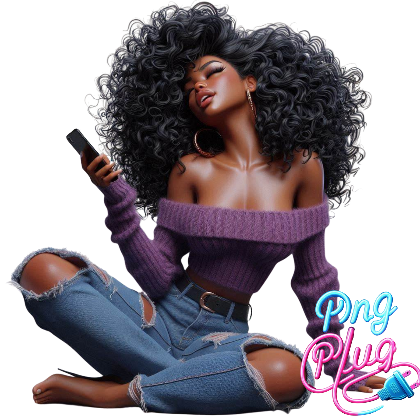 Curly Hair Black Girl PNG – Purple Off-Shoulder Sweater, Ripped Jeans, Relaxed Vibe - Instant Digital Download