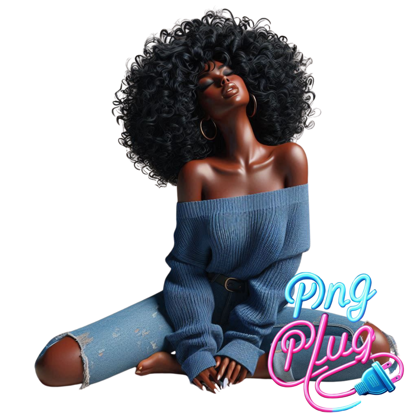 Serene Beauty African-American PNG | Relaxed Woman in Ripped Jeans & Blue Sweater | Digital Art for DIY Crafts - Instant Digital Download