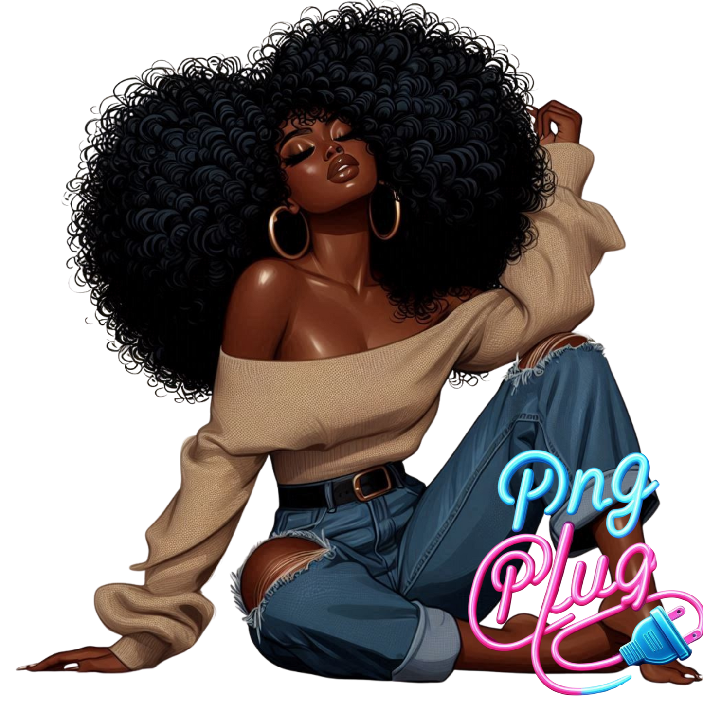 Curly Hair Relaxed Woman PNG | African-American Clipart | Off-Shoulder Sweater Sitting Pose - Instant Digital Download