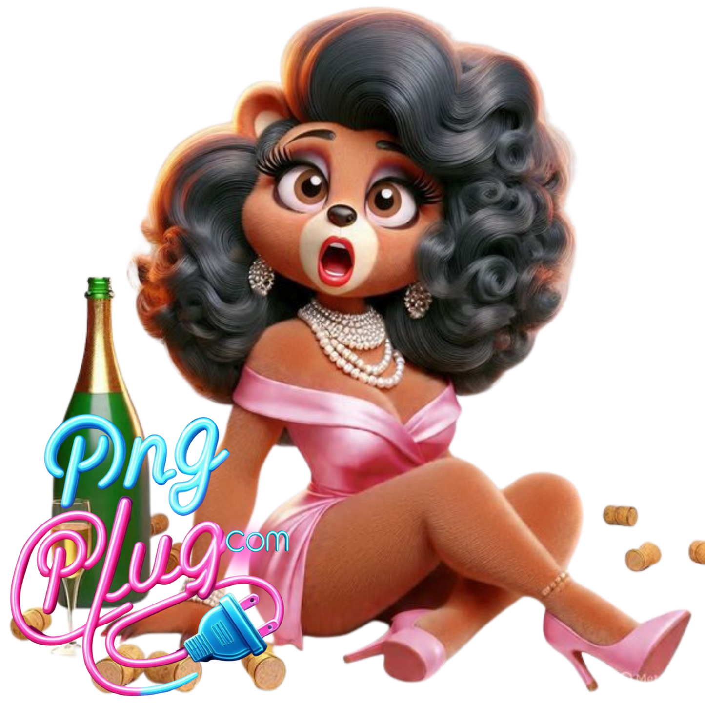 Glam Bear PNG Clipart Bundle – Champagne Celebration, Curly Hair, Pearl Jewelry - Instant Digital Download