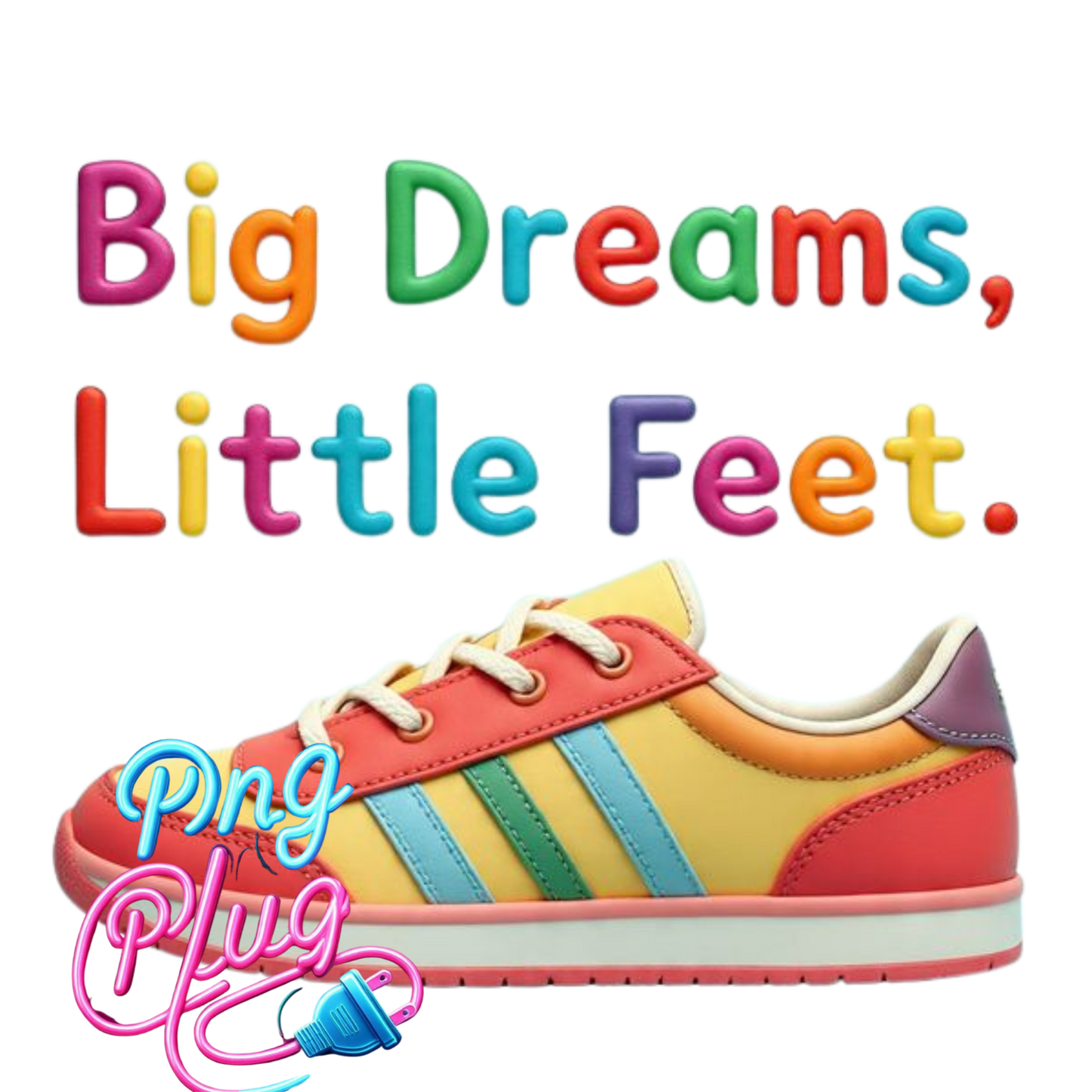 Big Dreams Little Feet 3D Cartoon Sneaker PNG – Bright Back to School Design for Kids, Shirts, Stickers & More- Instant Digital Download