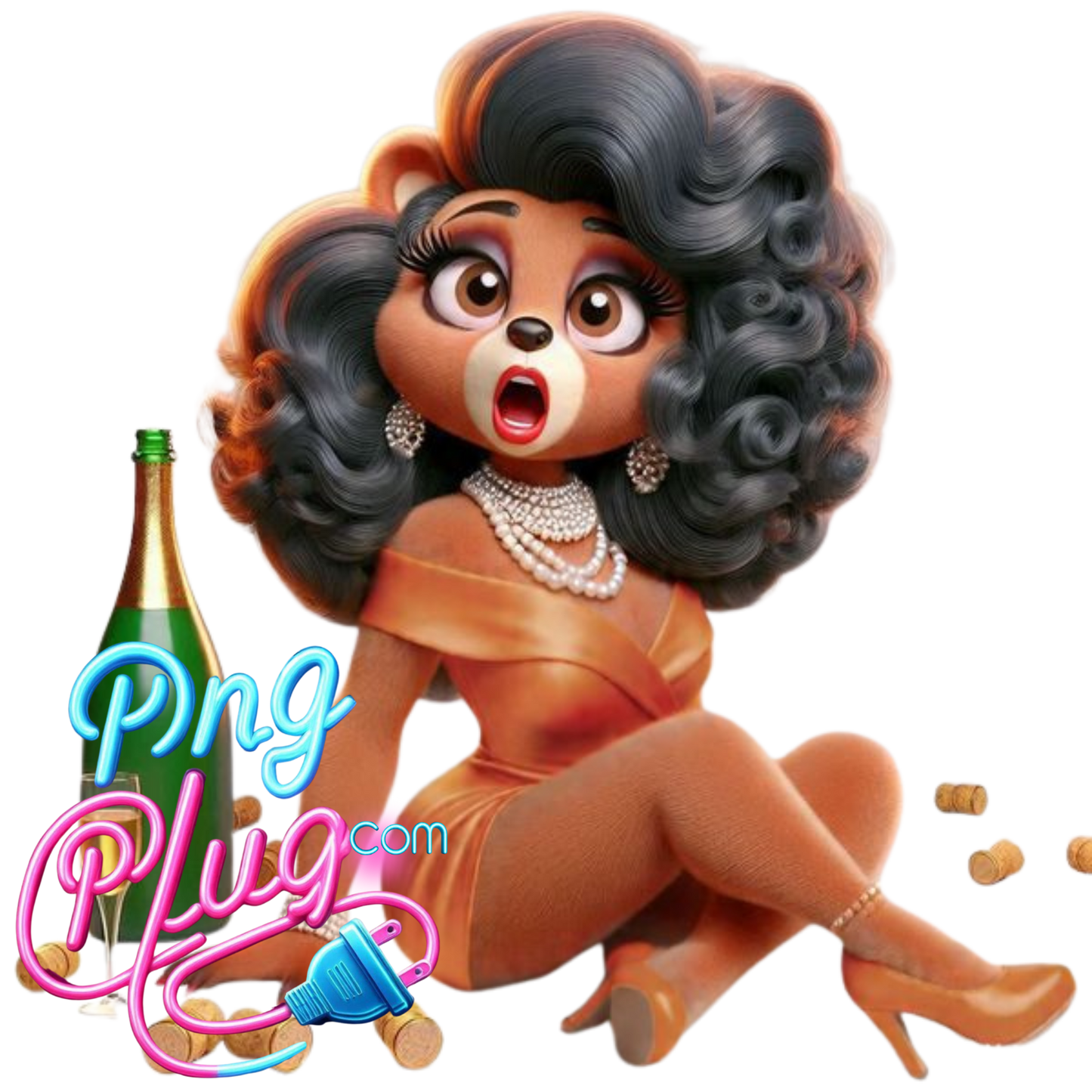 Glam Bear PNG Clipart Bundle – Champagne Celebration, Curly Hair, Pearl Jewelry - Instant Digital Download