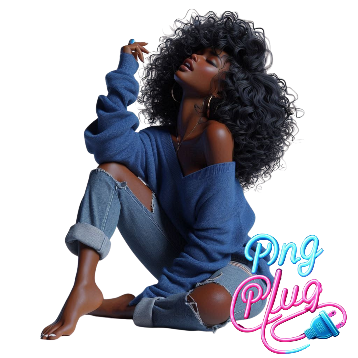 Serene Beauty African-American PNG | Relaxed Woman in Ripped Jeans & Blue Sweater | Digital Art for DIY Crafts - Instant Digital Download