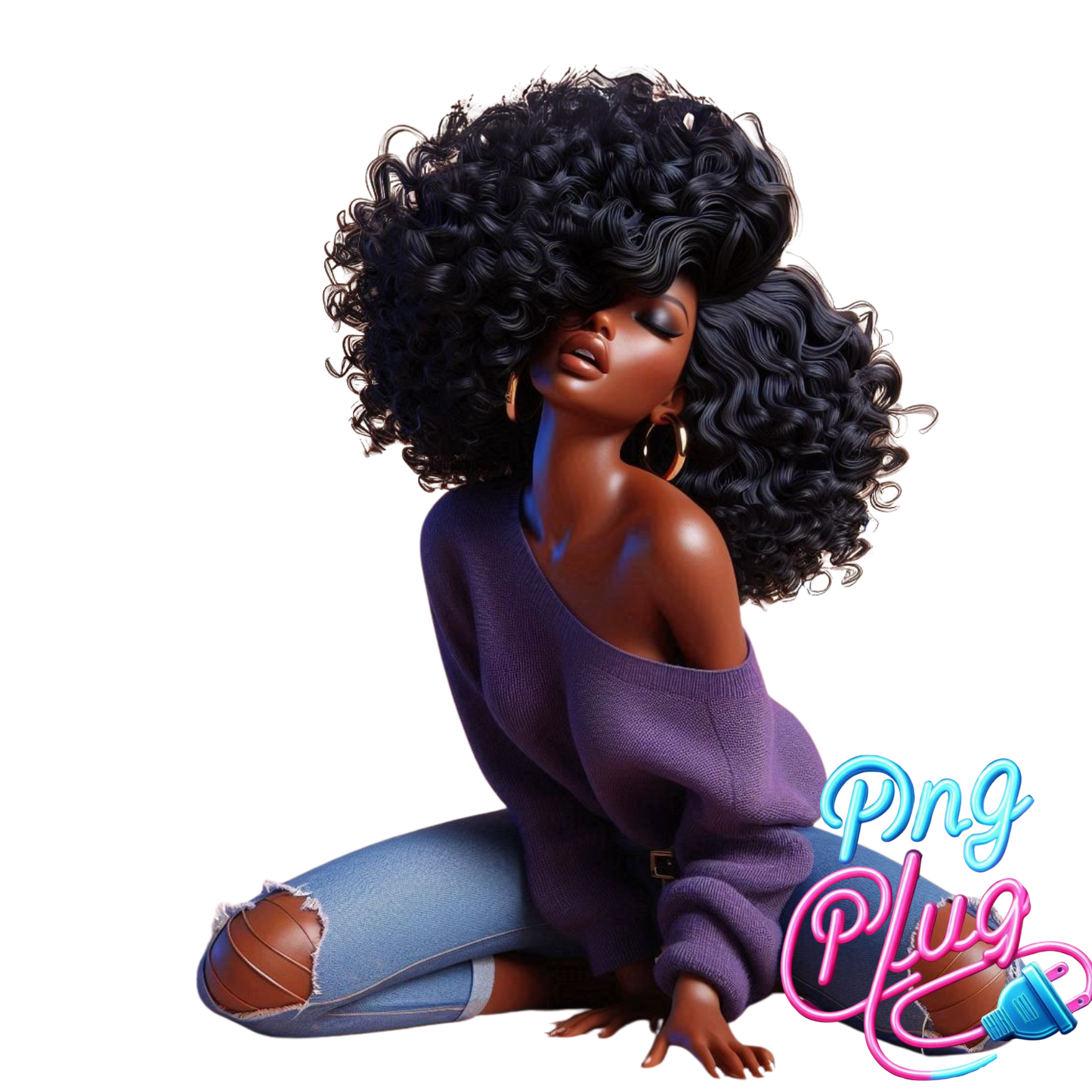 Curly Hair Black Girl PNG – Purple Off-Shoulder Sweater, Ripped Jeans, Relaxed Vibe - Instant Digital Download