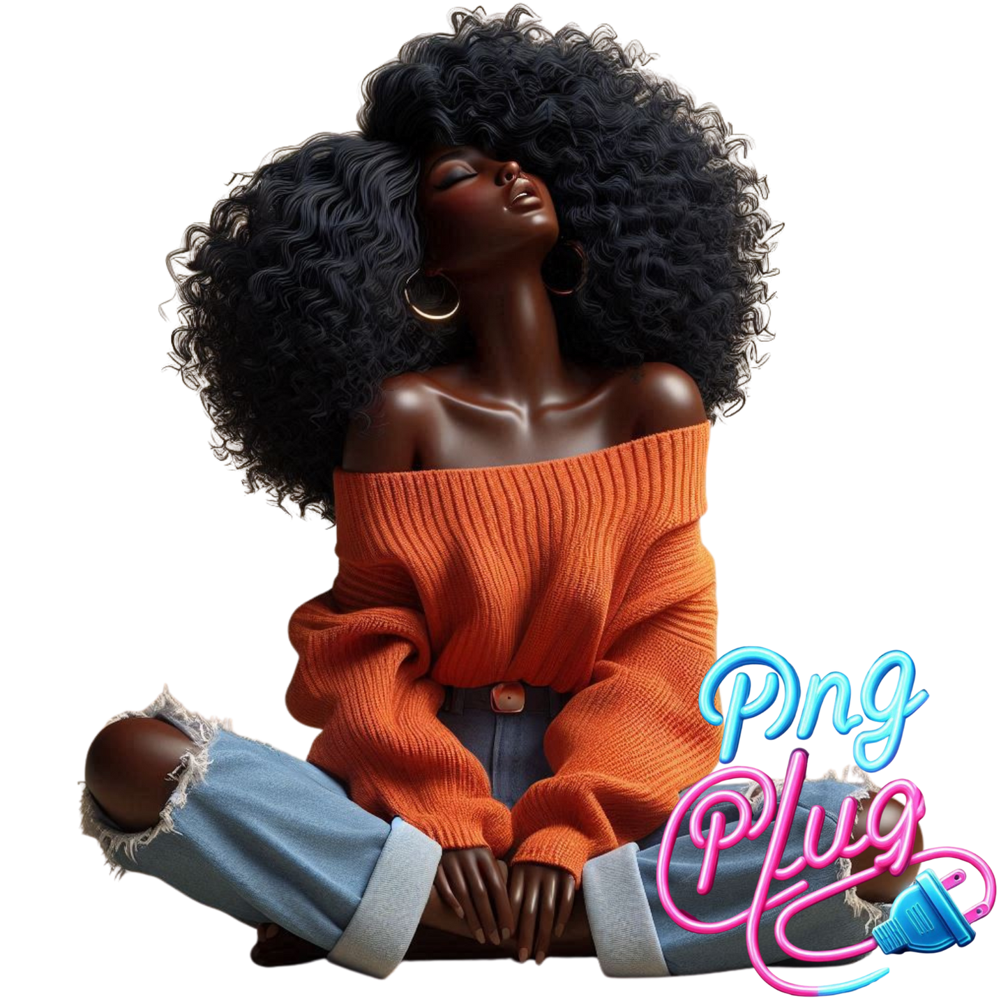 Relaxed Black Woman Sitting Cross-Legged PNG | Calm Vibes, Curly Hair, Cozy Sweater | Peaceful Digital Art for Sublimation- Instant Digital Download