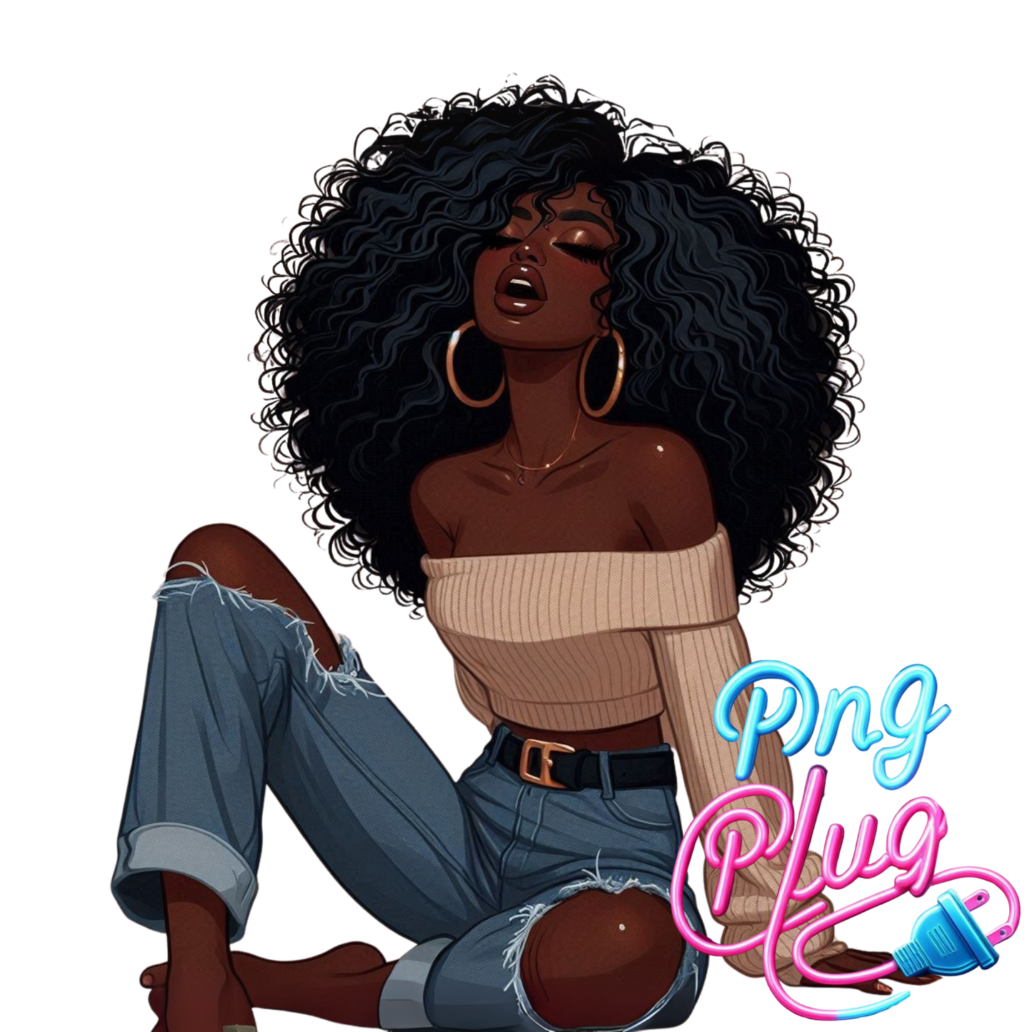 Curly Hair Relaxed Woman PNG | African-American Clipart | Off-Shoulder Sweater Sitting Pose - Instant Digital Download