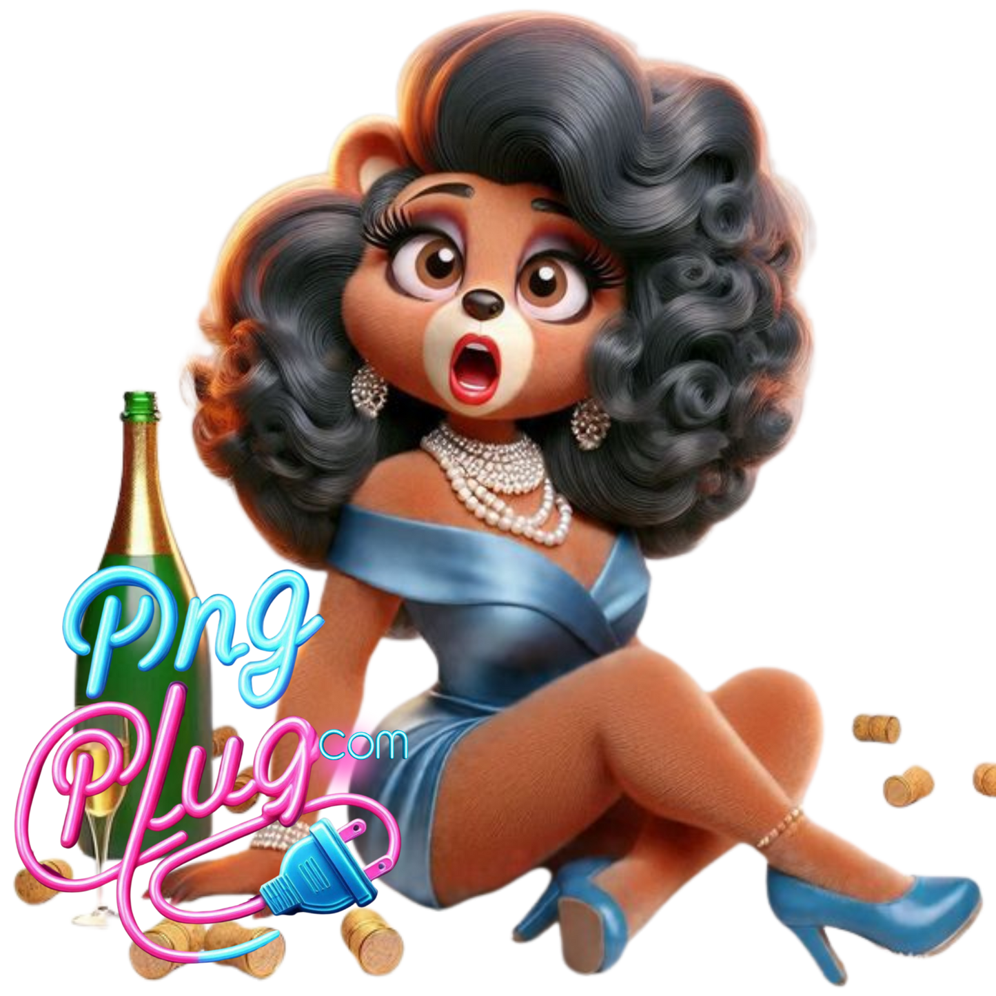 Glam Bear PNG Clipart Bundle – Champagne Celebration, Curly Hair, Pearl Jewelry - Instant Digital Download