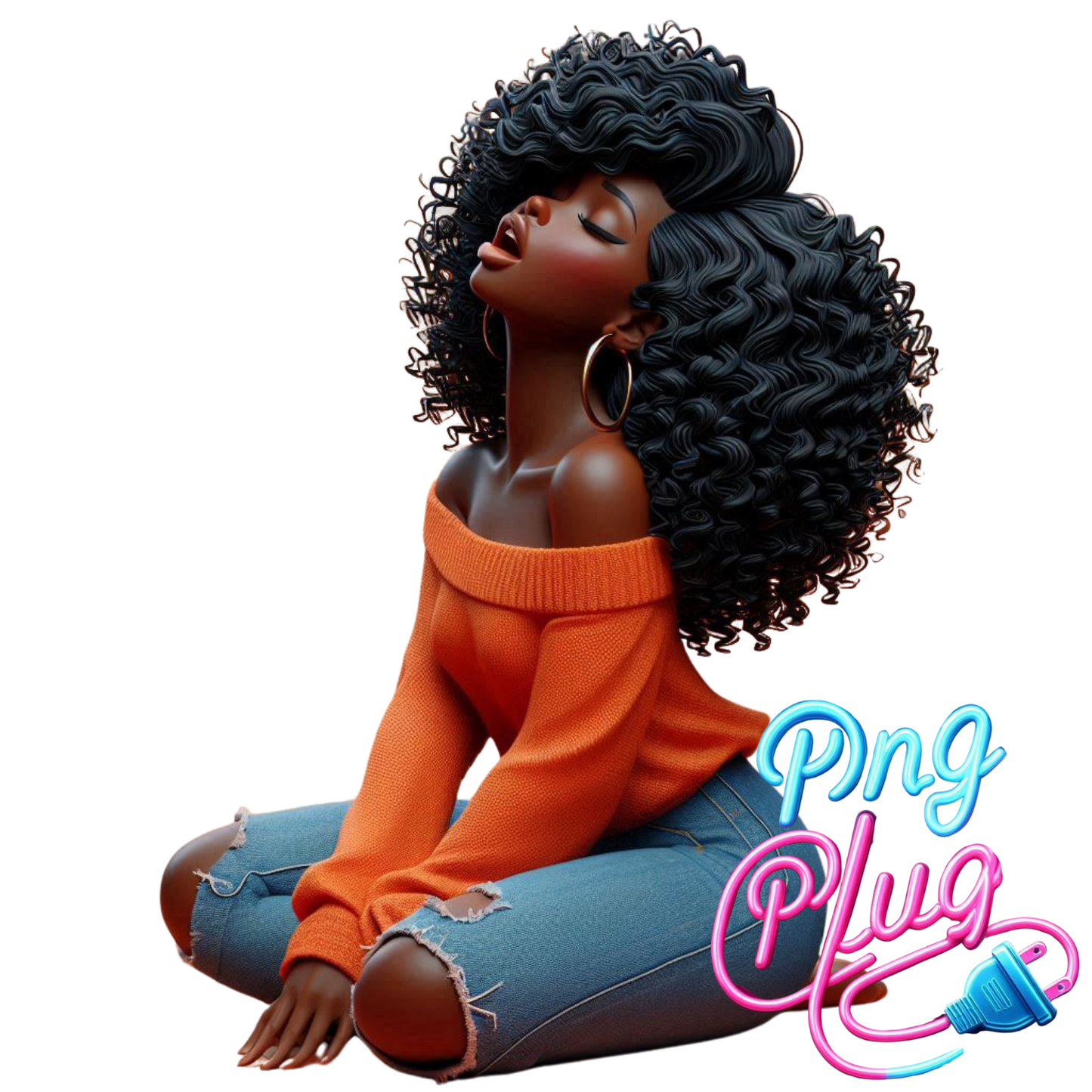 Relaxed Black Woman Sitting Cross-Legged PNG | Calm Vibes, Curly Hair, Cozy Sweater | Peaceful Digital Art for Sublimation- Instant Digital Download