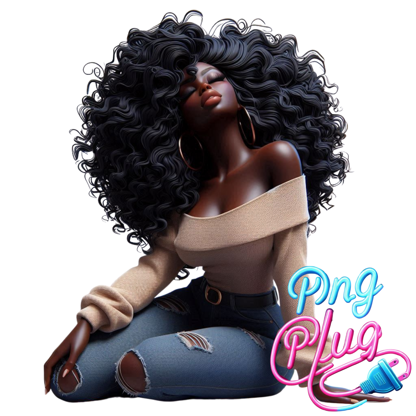 Curly Hair Relaxed Woman PNG | African-American Clipart | Off-Shoulder Sweater Sitting Pose - Instant Digital Download