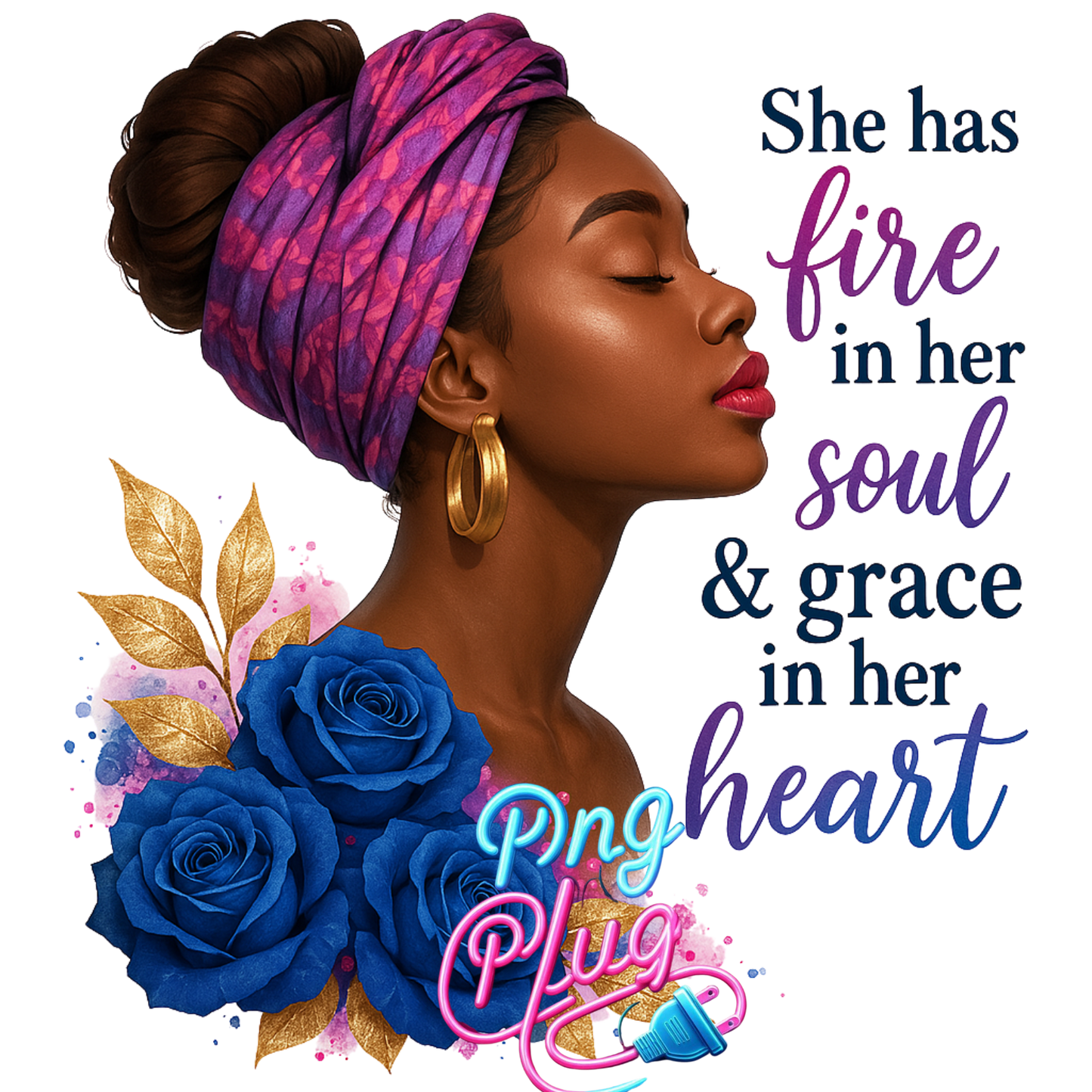 Elegant Black Woman PNG – Fire in Her Soul Quote, Afrocentric Art, Headwrap Clipart, Melanin Beauty for Sublimation & Crafts - Instant Digital Download