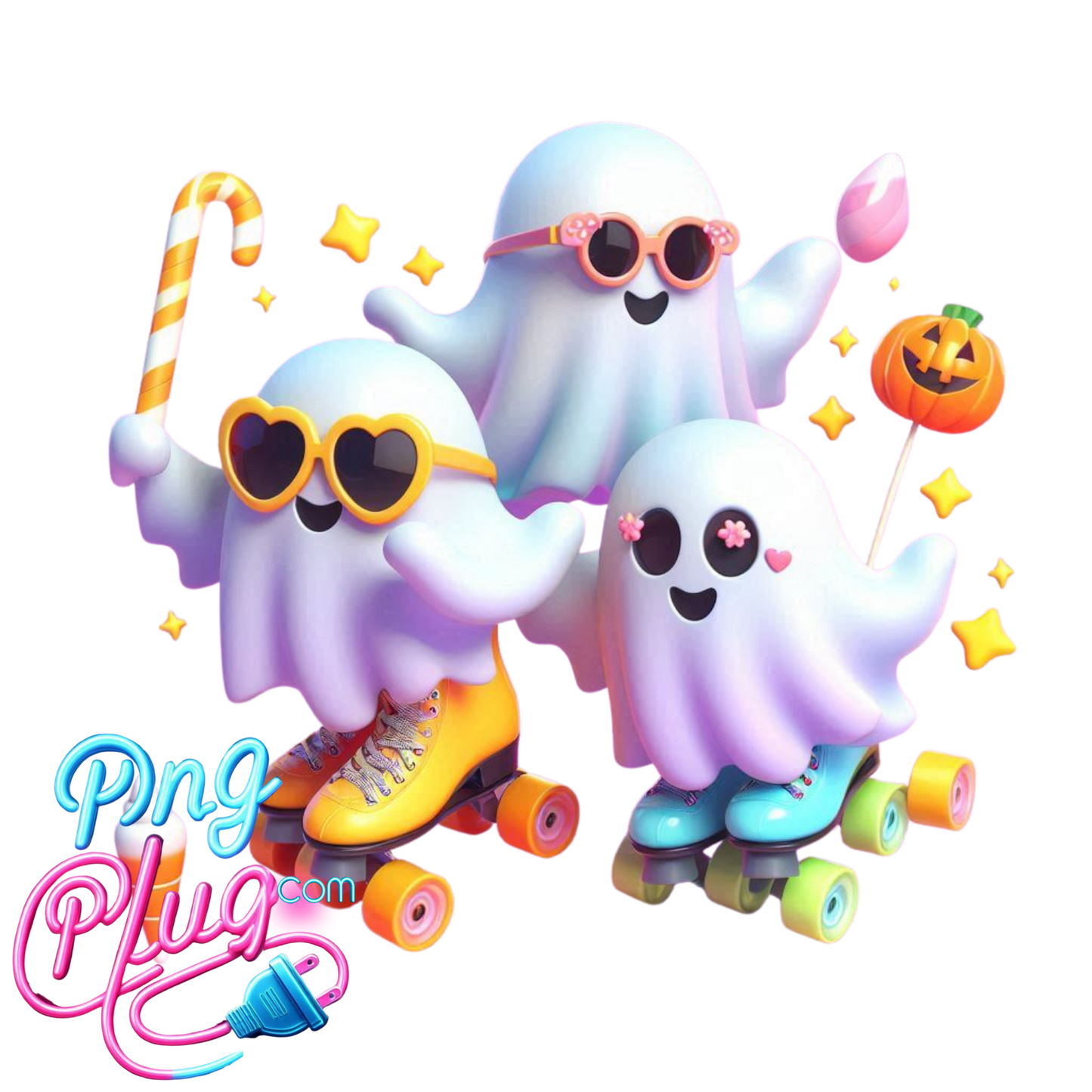 Cute Roller Skating Cartoon Ghosts PNG – Colorful, Fun, Kawaii Digital Art for Stickers, Crafts- Instant Digital Download