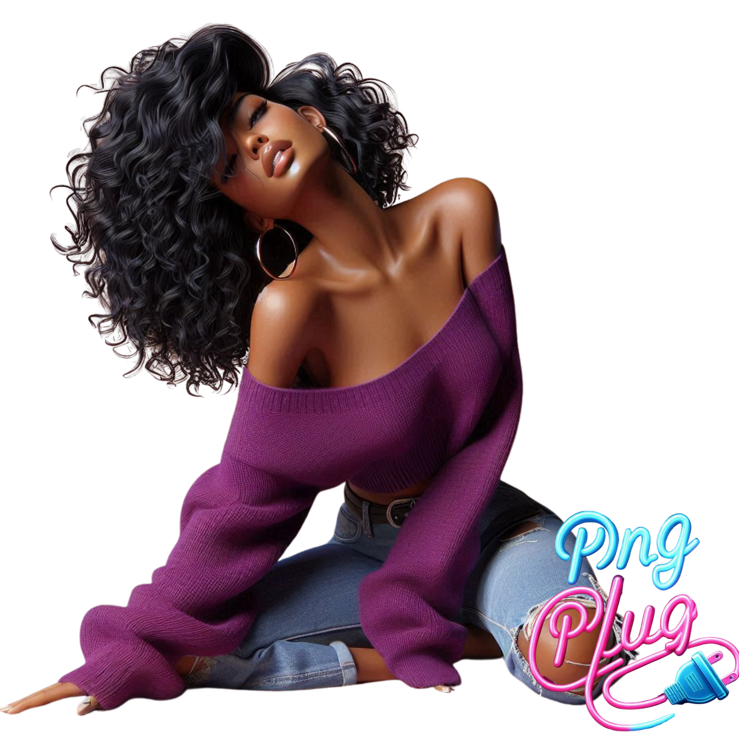Curly Hair Black Girl PNG – Purple Off-Shoulder Sweater, Ripped Jeans, Relaxed Vibe - Instant Digital Download