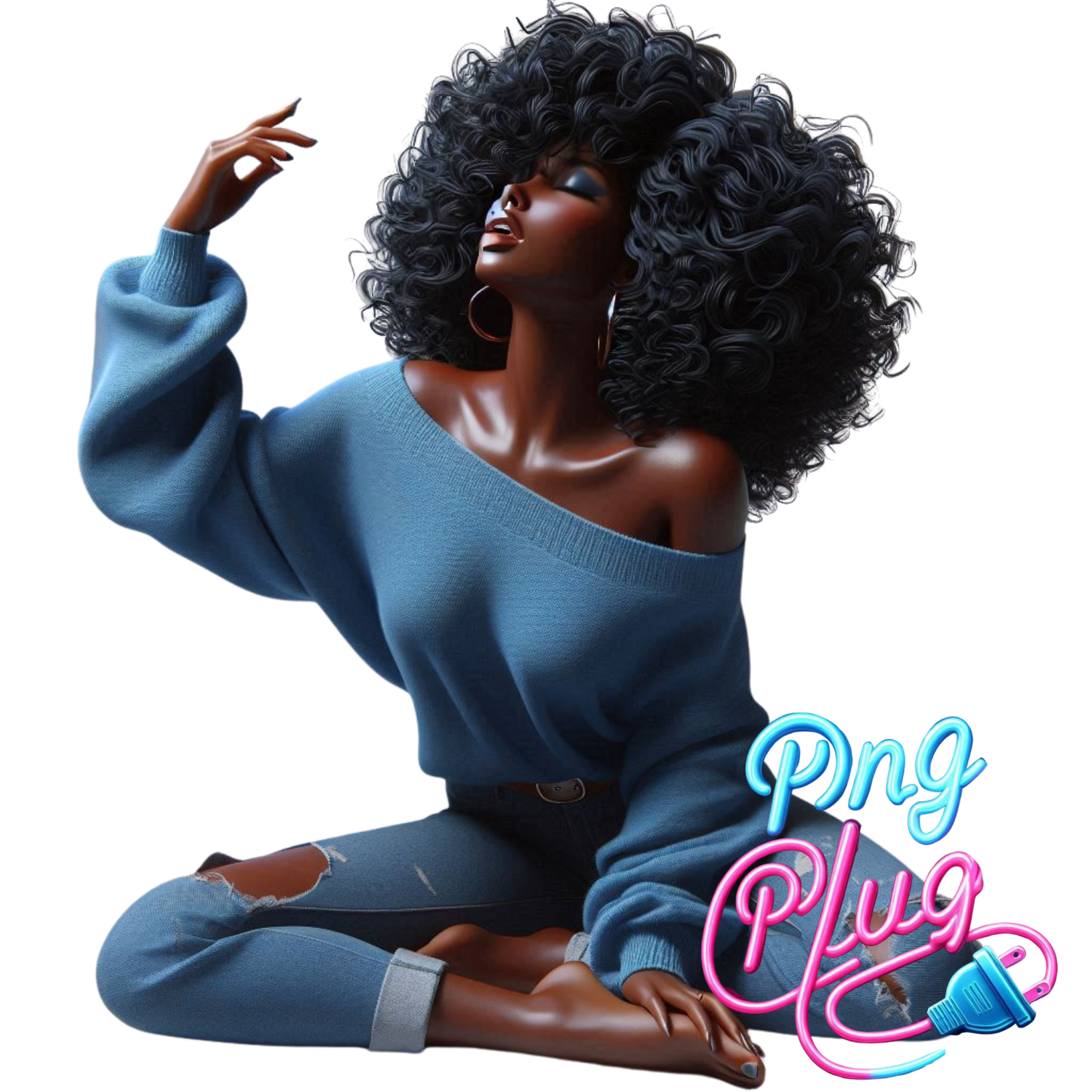 Serene Beauty African-American PNG | Relaxed Woman in Ripped Jeans & Blue Sweater | Digital Art for DIY Crafts - Instant Digital Download