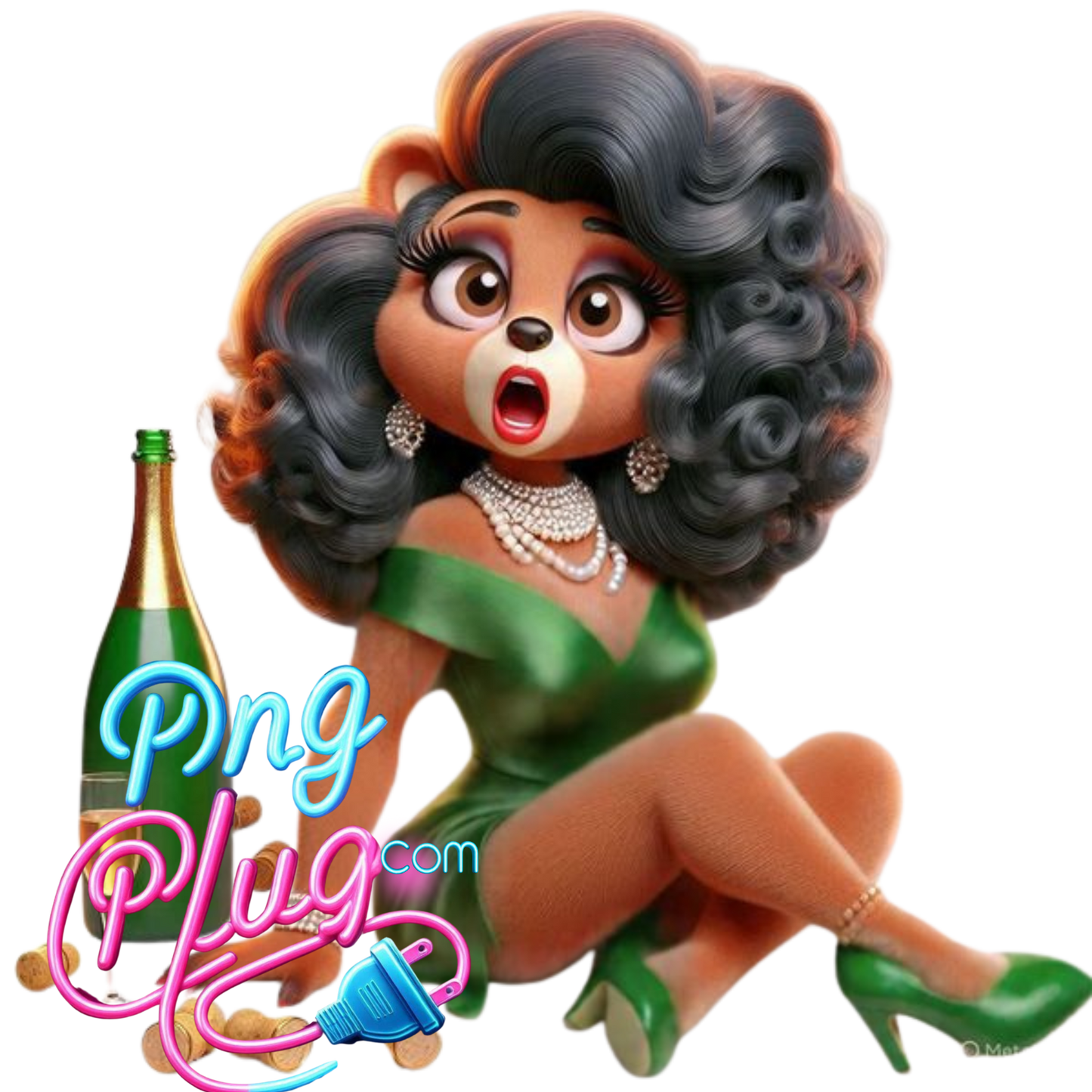 Glam Bear PNG Clipart Bundle – Champagne Celebration, Curly Hair, Pearl Jewelry - Instant Digital Download