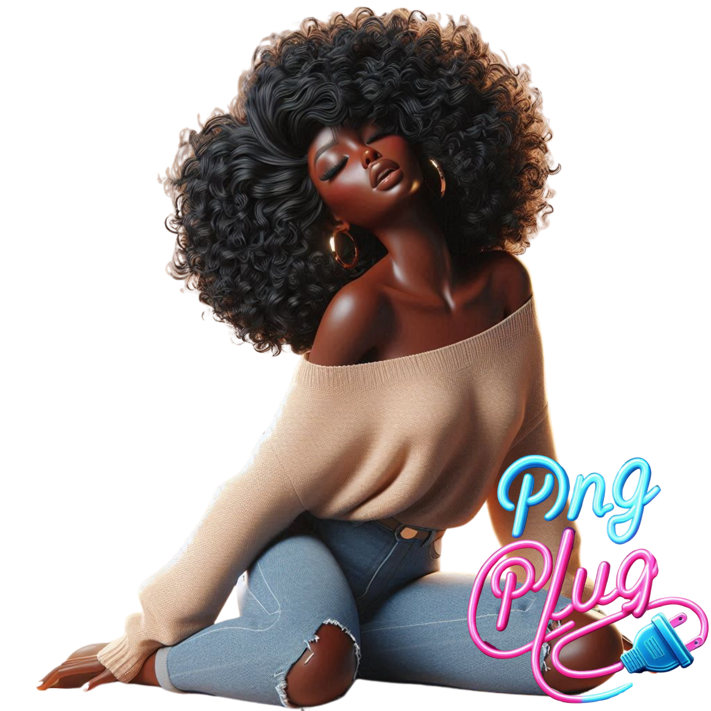 Curly Hair Relaxed Woman PNG | African-American Clipart | Off-Shoulder Sweater Sitting Pose - Instant Digital Download