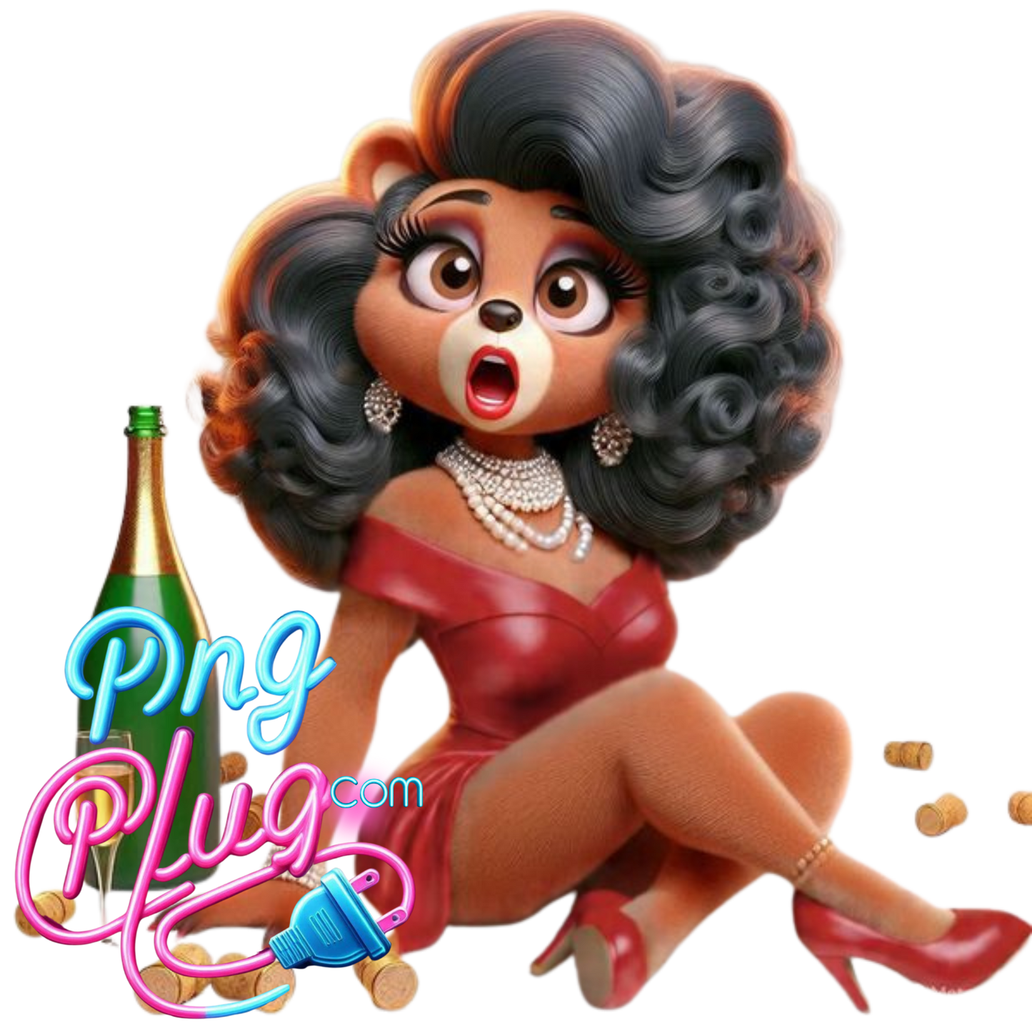 Glam Bear PNG Clipart Bundle – Champagne Celebration, Curly Hair, Pearl Jewelry - Instant Digital Download