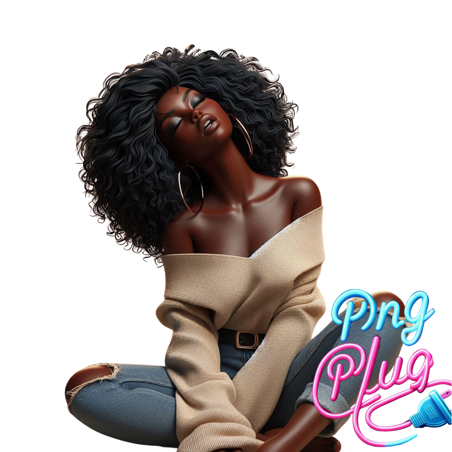 Curly Hair Relaxed Woman PNG | African-American Clipart | Off-Shoulder Sweater Sitting Pose - Instant Digital Download
