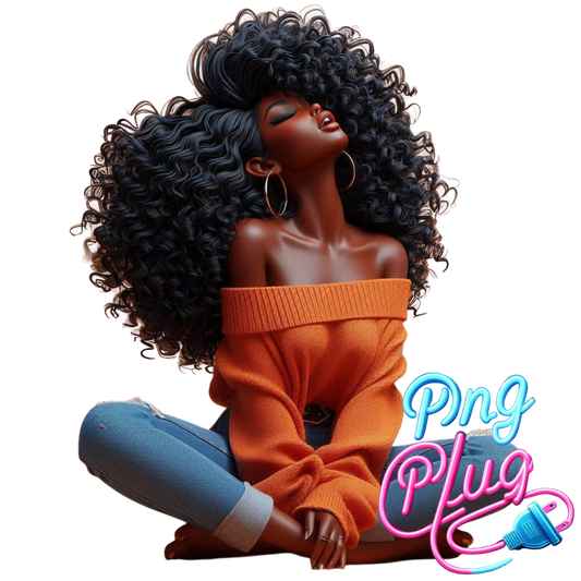 Relaxed Black Woman Sitting Cross-Legged PNG | Calm Vibes, Curly Hair, Cozy Sweater | Peaceful Digital Art for Sublimation- Instant Digital Download