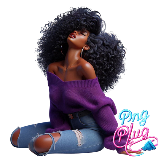 Curly Hair Black Girl PNG – Purple Off-Shoulder Sweater, Ripped Jeans, Relaxed Vibe - Instant Digital Download