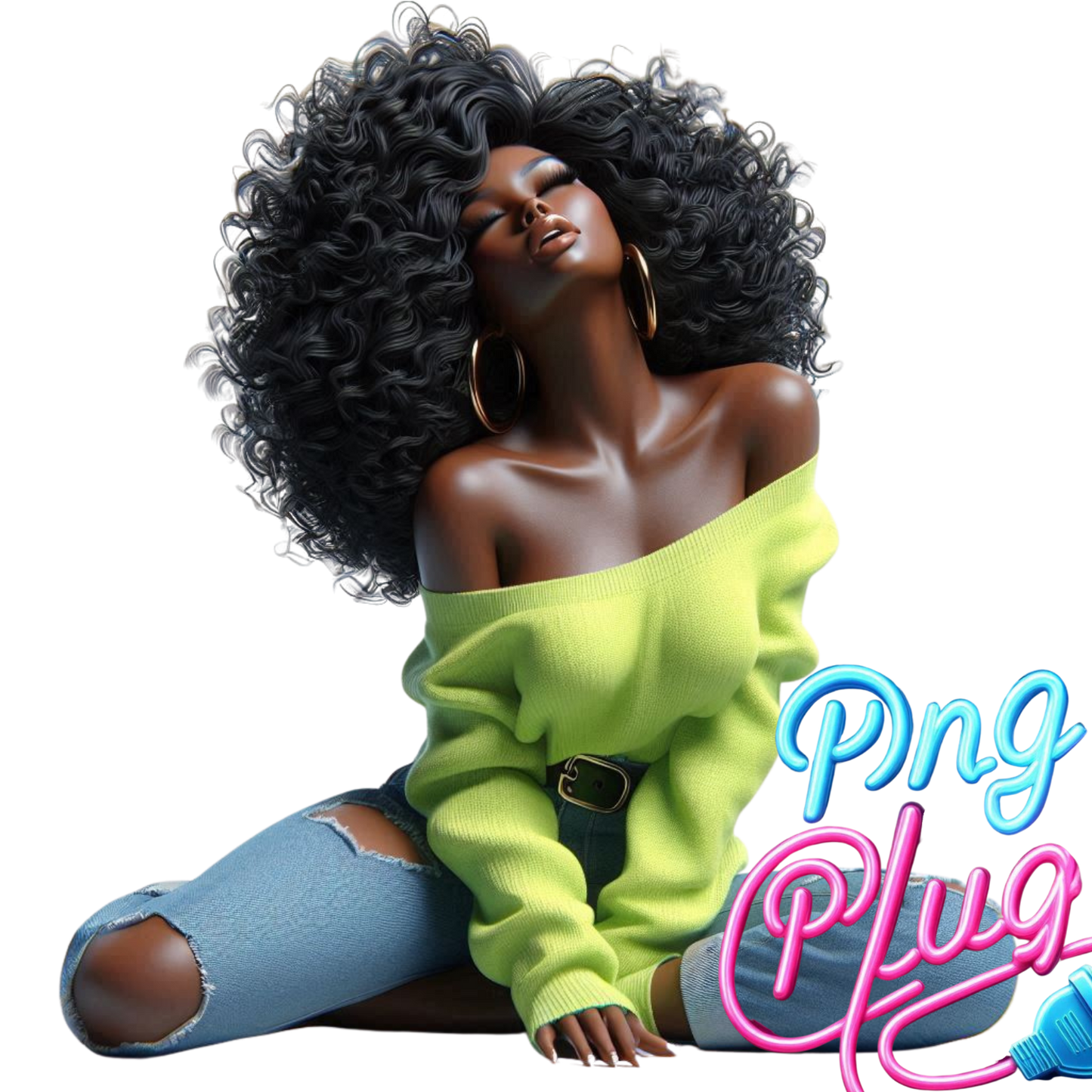 Joyful Black Woman PNG Sitting Cross-Legged in Lime Sweater & Ripped Jeans | Relaxed, Happy, Stylish, Curly Hair Art- Instant Digital Download