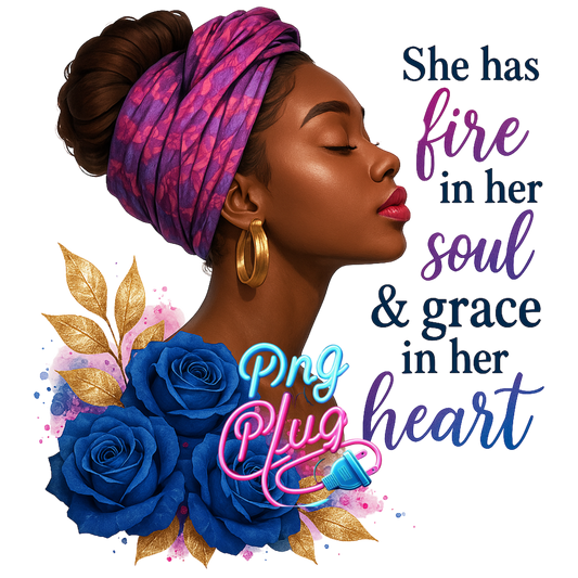 Elegant Black Woman PNG – Fire in Her Soul Quote, Afrocentric Art, Headwrap Clipart, Melanin Beauty for Sublimation & Crafts - Instant Digital Download
