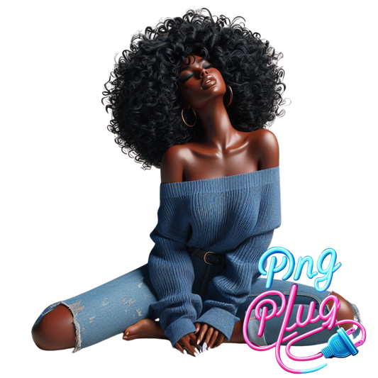 Serene Beauty African-American PNG | Relaxed Woman in Ripped Jeans & Blue Sweater | Digital Art for DIY Crafts - Instant Digital Download