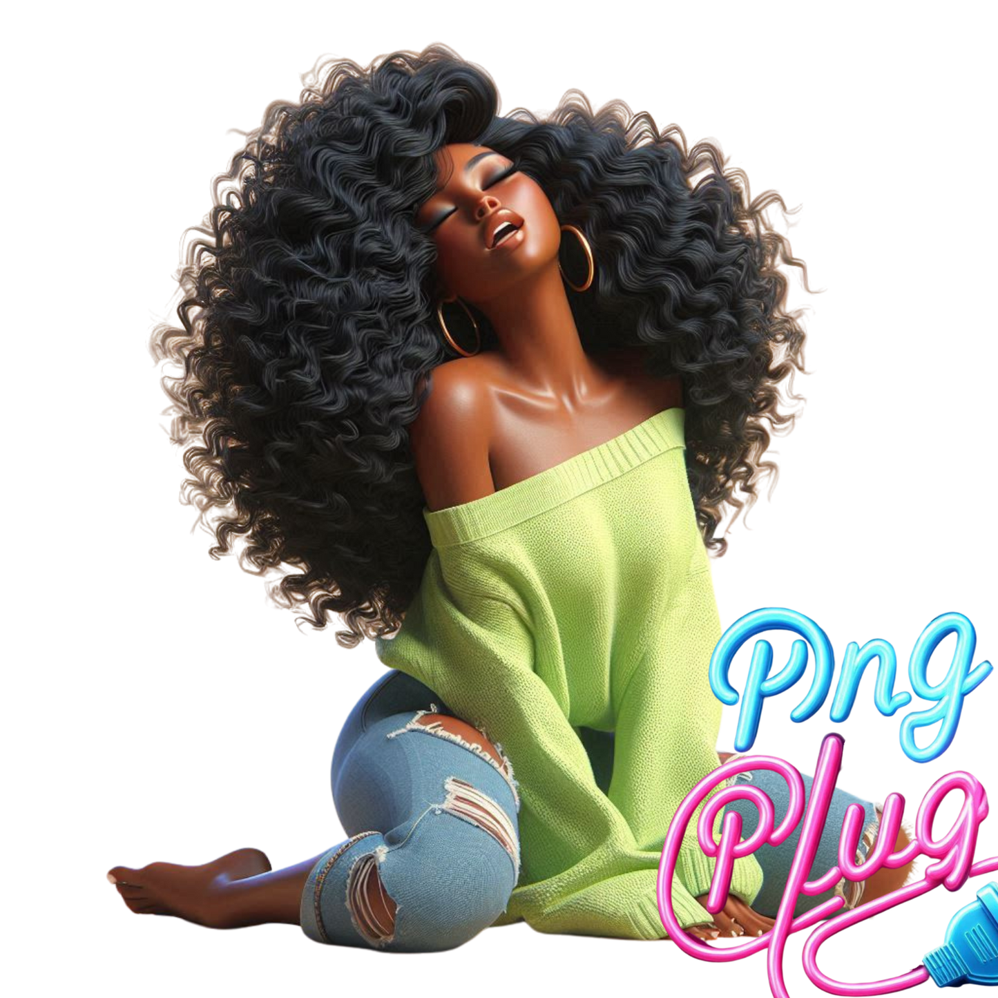 Joyful Black Woman PNG Sitting Cross-Legged in Lime Sweater & Ripped Jeans | Relaxed, Happy, Stylish, Curly Hair Art- Instant Digital Download