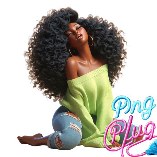 Joyful Black Woman PNG Sitting Cross-Legged in Lime Sweater & Ripped Jeans | Relaxed, Happy, Stylish, Curly Hair Art- Instant Digital Download