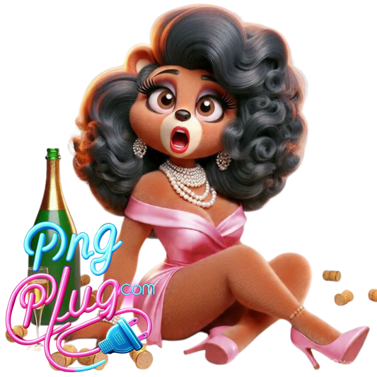 Glam Bear PNG Clipart Bundle – Champagne Celebration, Curly Hair, Pearl Jewelry - Instant Digital Download