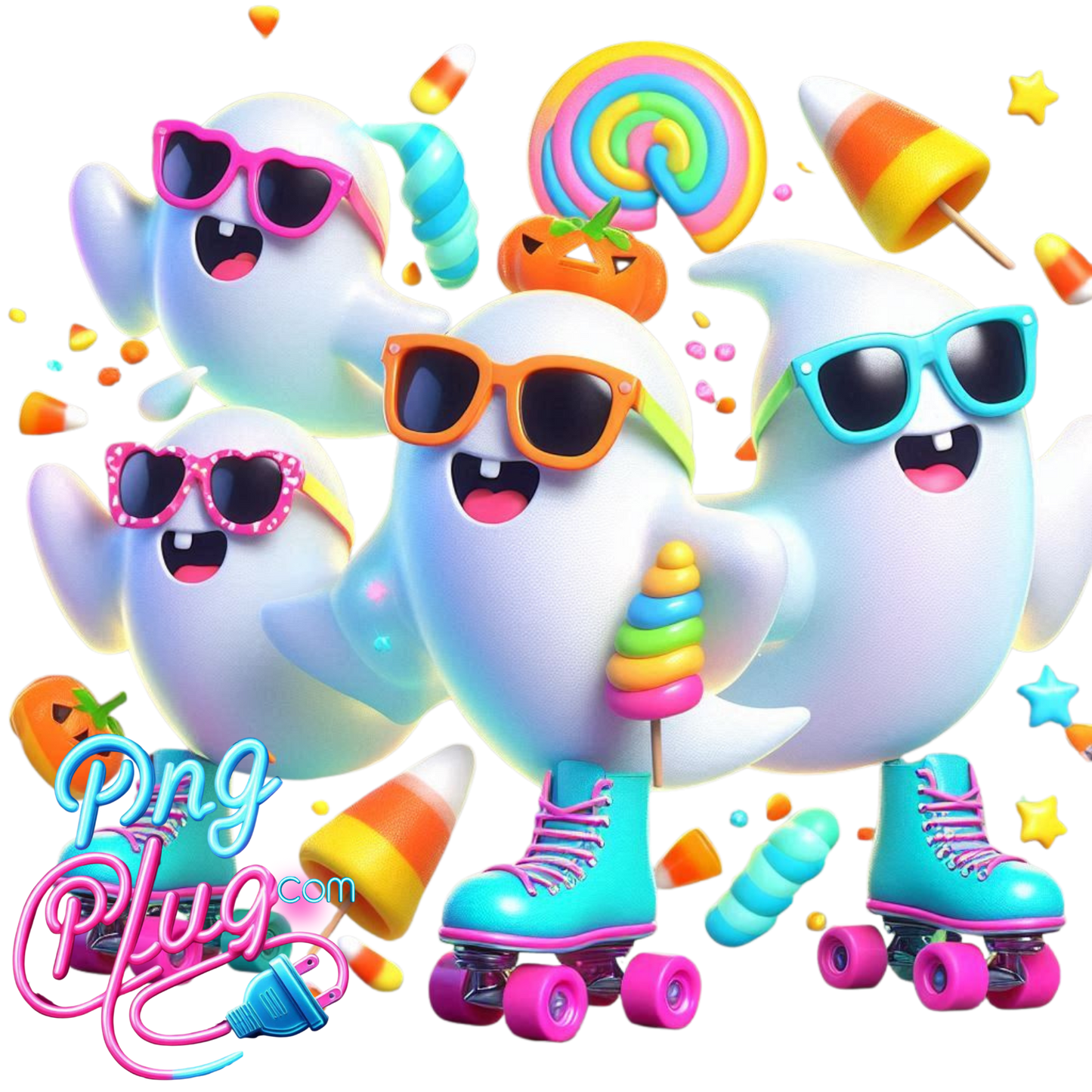 Cute Roller Skating Cartoon Ghosts PNG – Colorful, Fun, Kawaii Digital Art for Stickers, Crafts-  Instant Digital Download