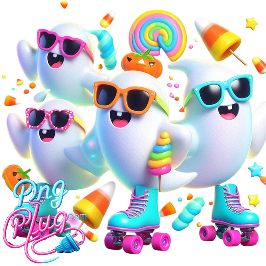 Cute Roller Skating Cartoon Ghosts PNG – Colorful, Fun, Kawaii Digital Art for Stickers, Crafts-  Instant Digital Download