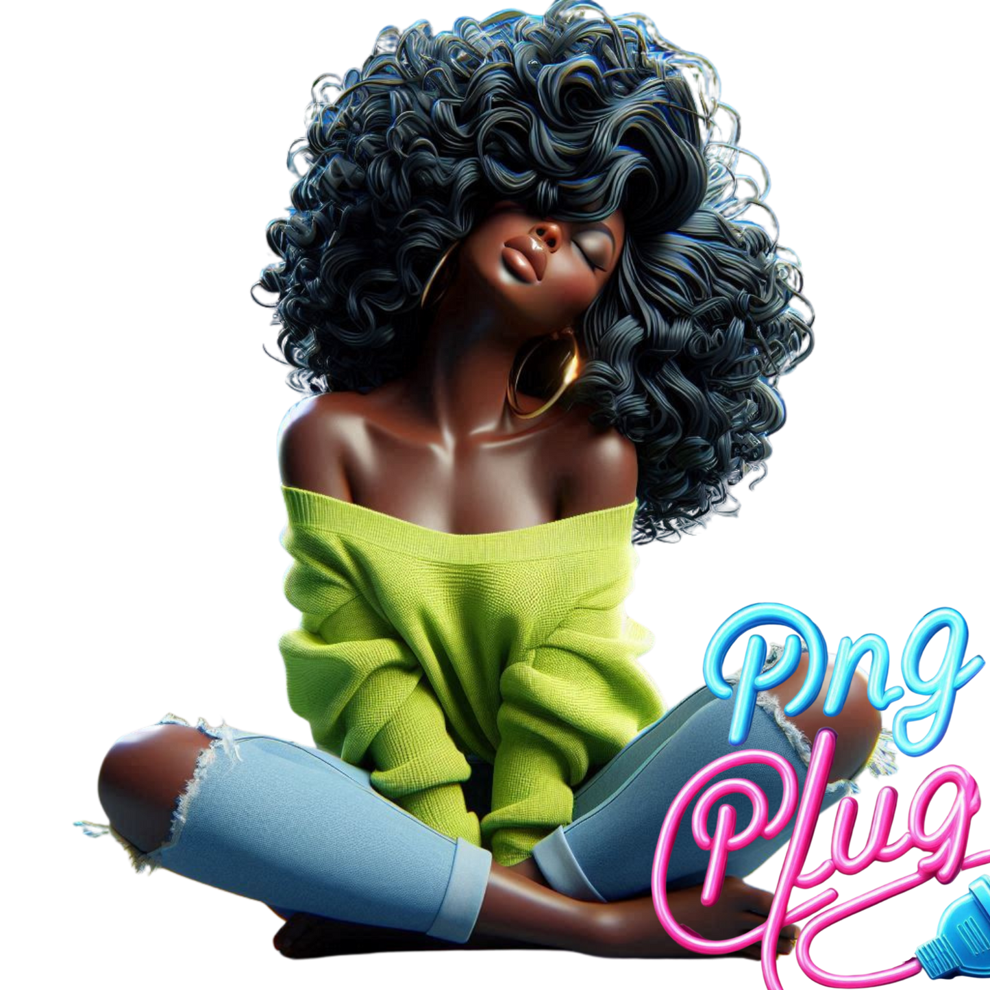 Joyful Black Woman PNG Sitting Cross-Legged in Lime Sweater & Ripped Jeans | Relaxed, Happy, Stylish, Curly Hair Art- Instant Digital Download