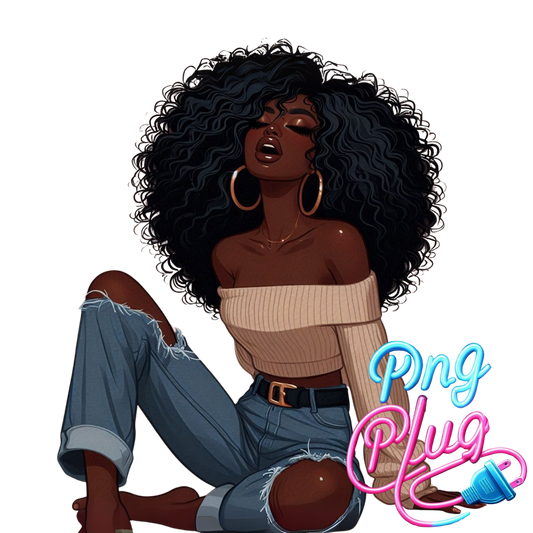 Curly Hair Relaxed Woman PNG | African-American Clipart | Off-Shoulder Sweater Sitting Pose - Instant Digital Download