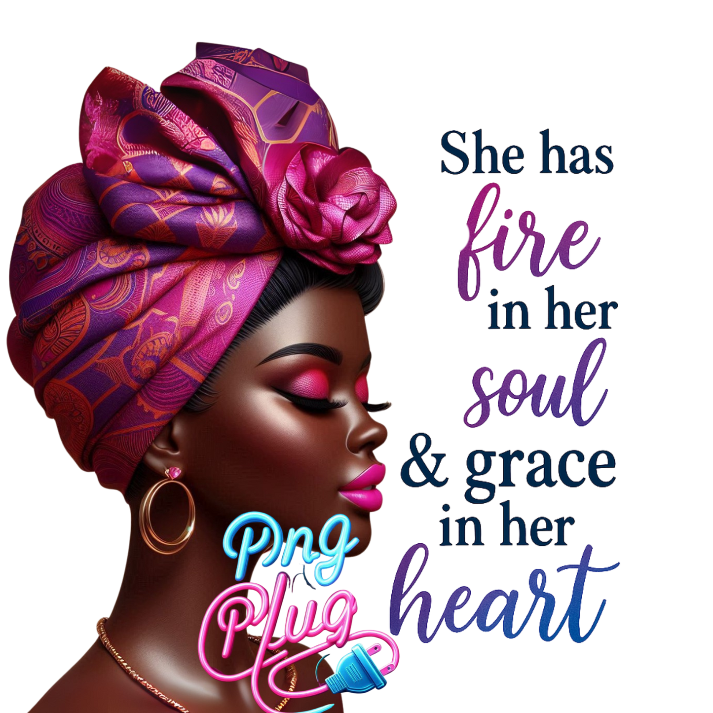 Elegant Black Woman PNG – Fire in Her Soul Quote, Afrocentric Art, Headwrap Clipart, Melanin Beauty for Sublimation & Crafts - Instant Digital Download